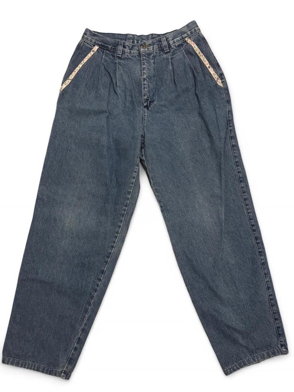 90s Northern Reflections Pleated Denim Jeans with Floral-Trim Pockets